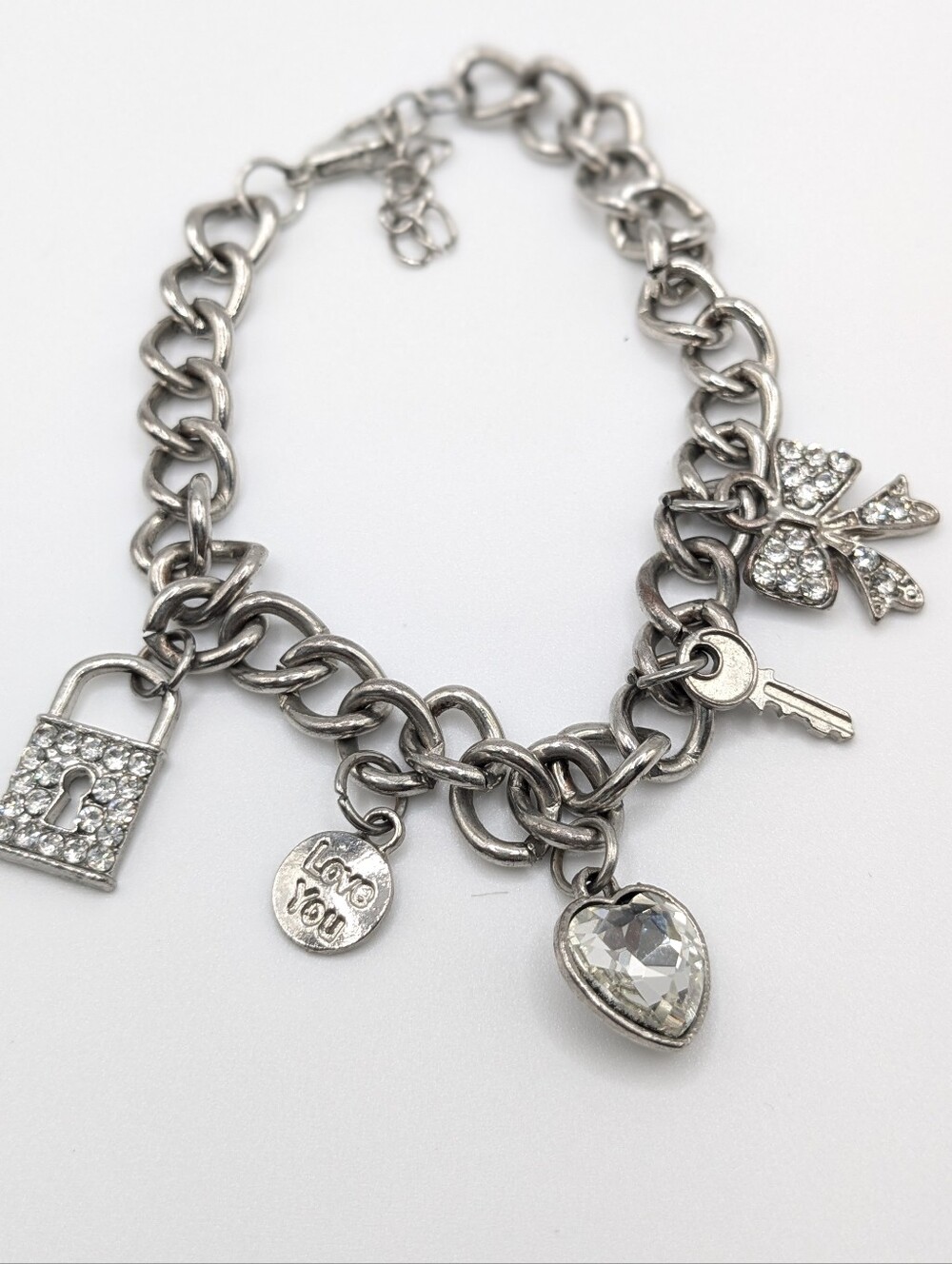 Silver Tone Charm Bracelet with Rhinestone Lock, Key & Heart Charms Adjustable